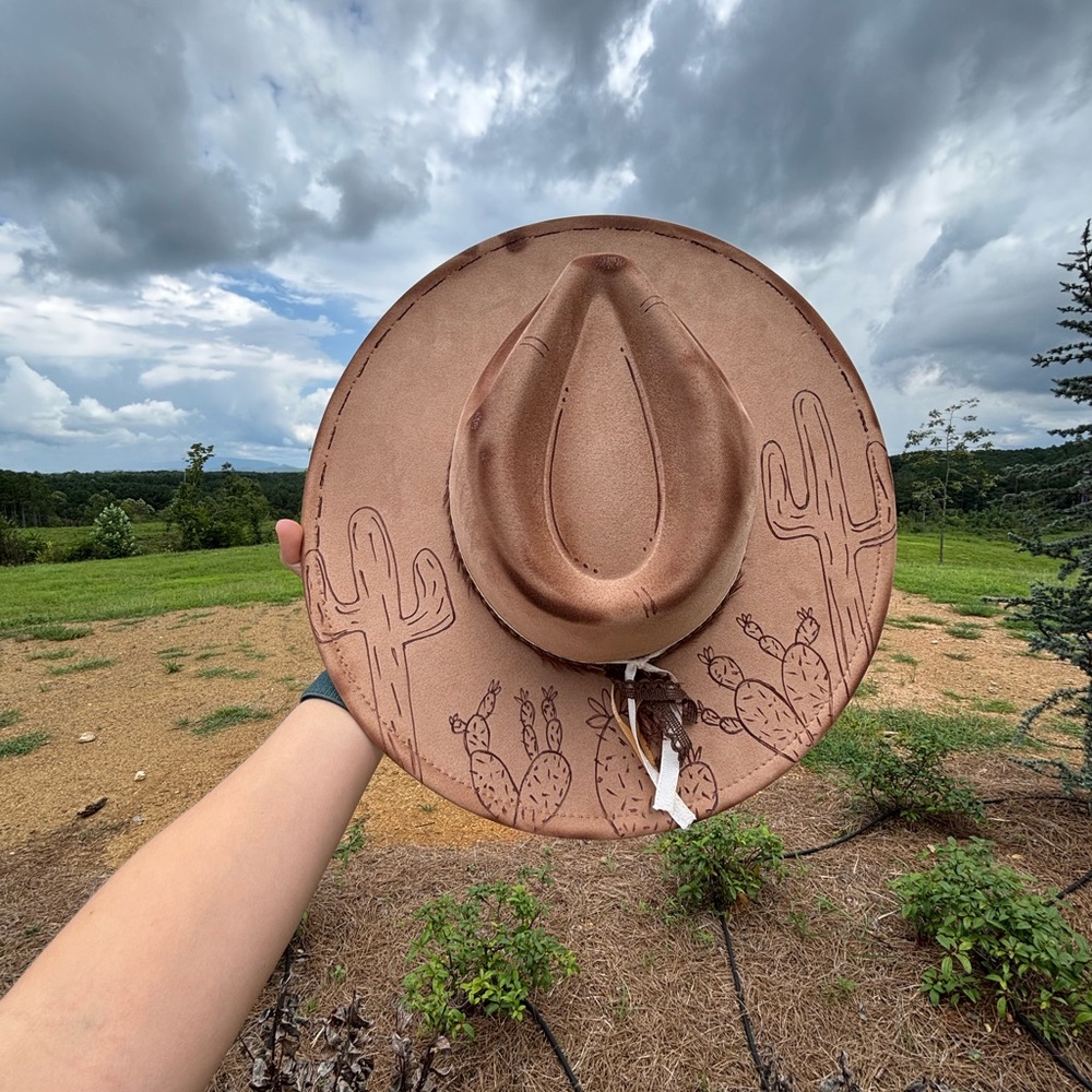 Brown Cactus Hand Burned Fedora Hat